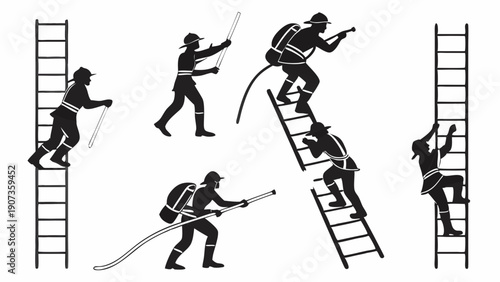 Firefighter Silhouettes Climbing Ladders Holding Hoses for Emergency Rescue and Safety Training Illustrations
