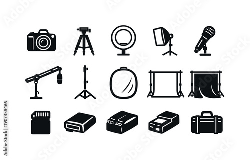Creative content photography and video gear in linear style: camera, tripod, ring light, softbox, microphone, boom arm, light stand, reflector, backdrop stand