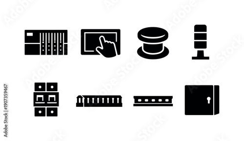Smart industrial control cabinet: PLC unit, touchscreen panel, emergency stop, signal light tower, circuit breaker, wiring duct, mounting rail, enclosure box