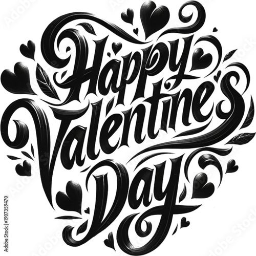 Valentine's Day Greeting: Celebrate love with an elegant calligraphy design, the words Happy Valentine's Day are artfully arranged amidst hearts and decorative flourishes.