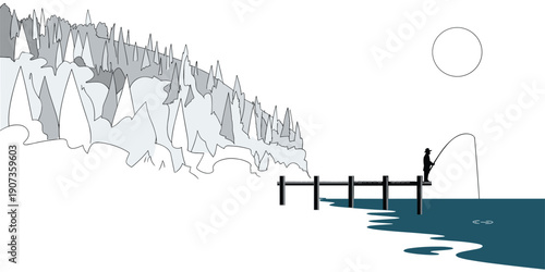 Minimalist vector illustration of a lone fisherman silhouette fishing from a wooden pier on a calm lake with pine forest