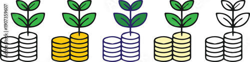 Financial Growth Icon Set of Money Coins Stacks with Green Plant Sprout Seedling Growth