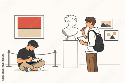 Art Student Sketching in Museum While Visitor Observes Sculpture Illustration