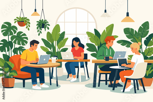 Creative Team Working Together in a Green Coworking Space with Laptops and Indoor Plants