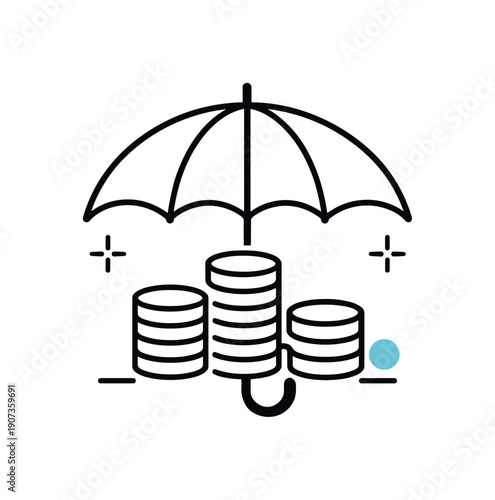 Personal financial safety net building and emergency planning in everyday life management, a closed umbrella protecting stacked coins symbolizing preparedness