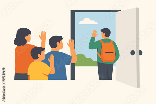Student Leaving Home for School or Travel While Family Says Goodbye Illustration