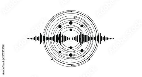 Sound wave audio waveform music technology illustration with concentric circles and black lines on white background