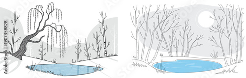 Pond, forest, willow, birch, tree, moonlight, daylight, water, nature, landscape, outdoor, scenery, vector, illustration, design, graphic, layout, minimal, stylized, seasonal