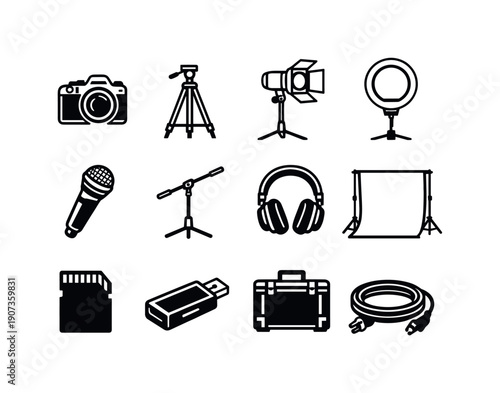 Media production equipment in linear style: digital camera, camera tripod, studio light, ring light, microphone, microphone stand, headphone set, backdrop