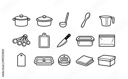 Home soup meal prep tools: cooking pot, lid, ladle, wooden spoon, measuring cup, measuring spoon, cutting board, chef knife, storage container, freezer bag