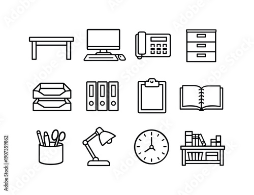 Customer engagement analytics administration workspace in linear style: office desk, desktop computer, desk phone, filing cabinet, document tray, binder
