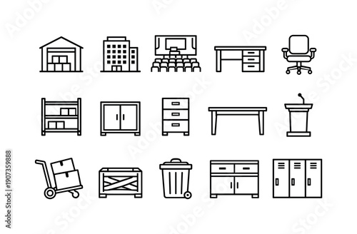 Infrastructure items in linear style: warehouse, office, conference hall, desk, chair, shelf, cabinet, filing cabinet, table, podium, trolley, crate, bin