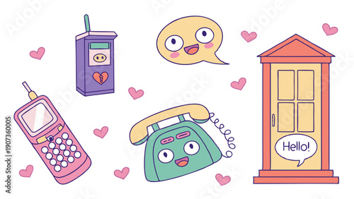 Retro Communication Icons for Nostalgic Greeting Design Fun Connection Web Graphics Cute Vintage Phone Door Objects