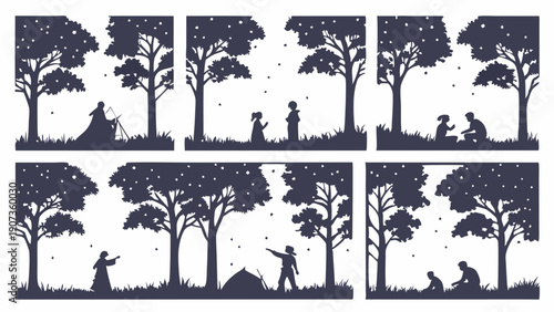 Diverse Silhouettes of People Stargazing Camping and Learning Outdoors Under Night Sky for Education Web Design