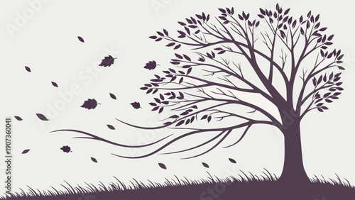 Strong Wind Blows Leaves from Silhouette Tree on Grassy Hillside Seasonal Autumn Weather Graphic Design Element for Resilience