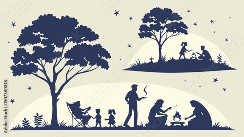 Silhouette Family Camping Night Outdoor Summer Vacation Scene Relaxing by Campfire Under Starry Sky for Web Design