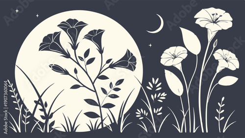 Elegant Black and White Moonlit Night Garden Silhouette for Wedding Invitations or Serene Nature Branding