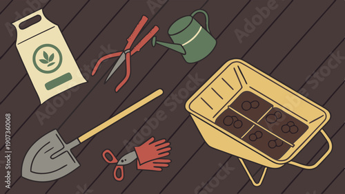 Gardening Tools and Soil Preparation for Spring Planting Project Illustration for Home Gardeners and Agriculture Websites
