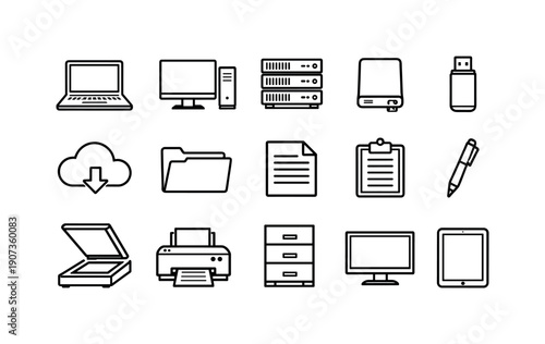 Digital Recordkeeping in linear vector style: laptop, desktop computer, server, external hard drive, USB drive, cloud storage icon, folder, document, clipboard