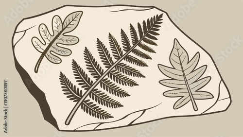 Ancient Fern Leaf Fossils Imprint on Stone Slab for Geology Education Paleontology Design Projects