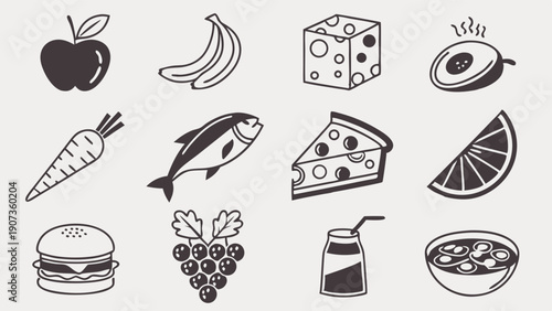 Healthy Food Icons Set for Nutrition App Design Website Menu Graphics Promoting Balanced Diet Lifestyle