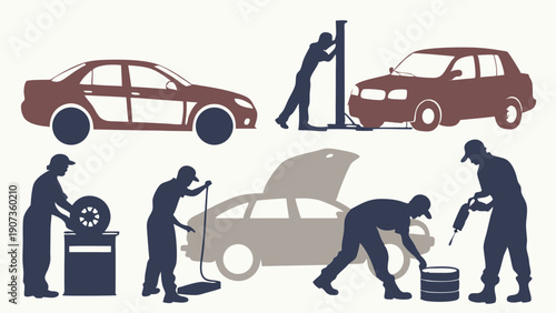 Automotive Repair Service Icons Mechanics Working on Car Maintenance and Body Shop Tasks for Garage Website Design