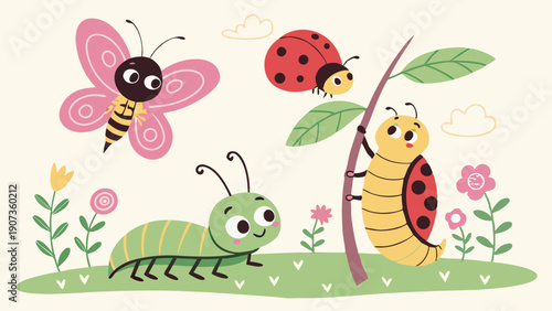 Cute Cartoon Bugs and Insects for Childrens Education Spring Garden Illustration for Preschool Learning Materials