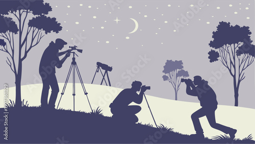Night Sky Stargazing Enthusiasts Silhouettes Photographing Moon and Stars with Telescopes for Astronomy Hobby and Science Education