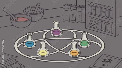 Alchemist's Potion Circle with Colorful Liquids for Magic Spell Casting or Science Experiment Design Projects