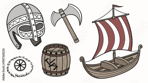 Viking Ship Helmet Axe Barrel Fur Set for Historical Game Design Adventure Website Illustration Design
