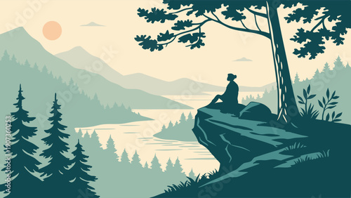 Serene Hiker Contemplating Vast Mountain Lake Vista From Cliff Edge For Travel Wellness And Adventure Backgrounds