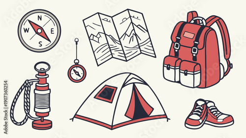 Camping Adventure Gear Set for Outdoor Travel and Hiking Trip Illustration for Web Design