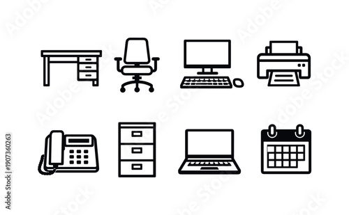 Office Equipment in linear style: desk, chair, computer, printer, filing cabinet, telephone, laptop, calendar