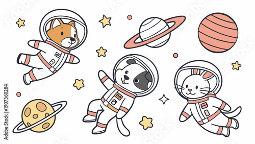 Cute Cartoon Astronaut Pets Floating in Space with Planets Stars for Children Book Web Design Fun Illustration