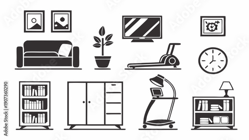 Modern Home Interior Furniture and Decor Icons for Real Estate Web Design and Catalog Illustration