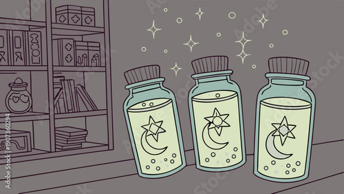 Mystical Potion Bottles Glowing with Magic Stars and Moon Symbols for Occult or Wellness Branding Design
