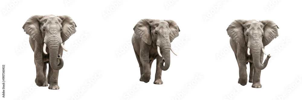 Obraz premium Dynamic Trio of African Elephants in Powerful Striding and Trunk-Raising Poses, isolated on white png