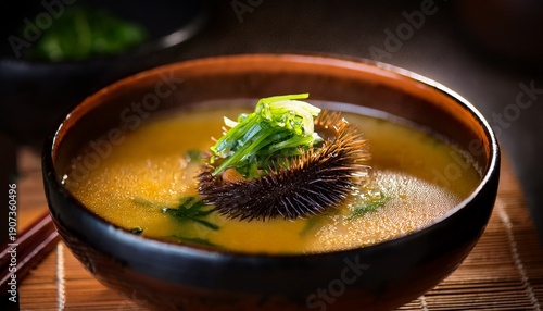 Wallpaper Mural Close Up Japanese Uni Sea Urchin Soup With Seaweed In Lacquer Bowl Warm Moody Light Torontodigital.ca