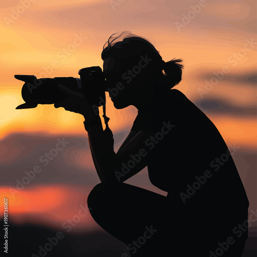 Silhouette of a photographer capturing a vibrant sunset with a camera