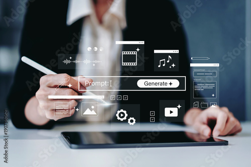 Εκτύπωση καμβά Business woman using ai powered content generation interface with prompt input,