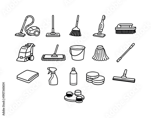 Residential floor and surface cleaning equipment in linear style: vacuum cleaner, mop, broom, steam mop, floor brush, carpet cleaner, dust mop, bucket, mop head