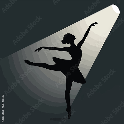 A silhouetted ballerina gracefully poses within a dramatic spotlight beam
