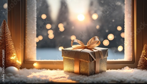 Wallpaper Mural Gift Box With Golden Ribbon Festive Ornament Snow And Glowing Lights Create Warm Holiday Atmosphere Near Window Evoking Joy And Celebration In Cozy Winter Setting Torontodigital.ca