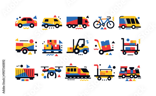 Mobility equipment in abstract flat style: car, van, truck, bicycle, scooter, shuttle, trailer, pallet, forklift, cart, trolley, handcart, container, drone