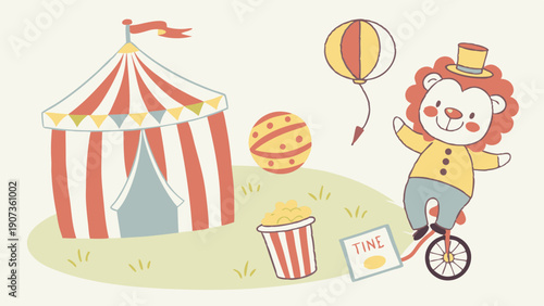Cute Circus Lion Juggling on Unicycle Near Big Top Tent for Children Party Flyer Design
