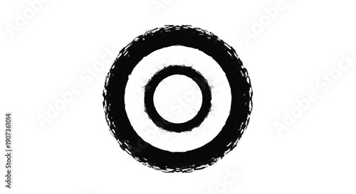 Black and white abstract circular target symbol with grunge texture on white background for design and creative projects