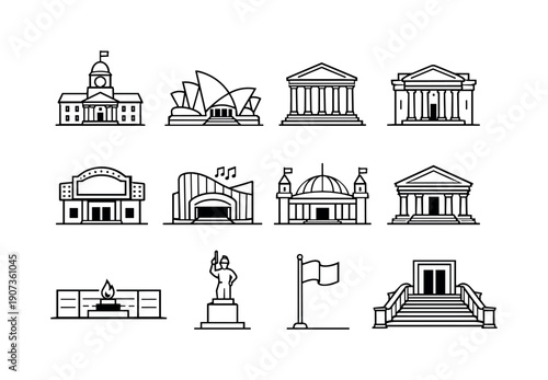 Civic and cultural landmarks in linear style: city hall, opera house, museum building, public library, theater marquee, concert hall, exhibition pavilion