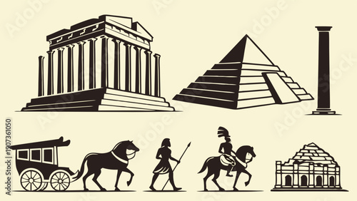 Ancient History Icons Set Egyptian Pyramid Greek Temple Column Chariot for Educational Web Design Projects