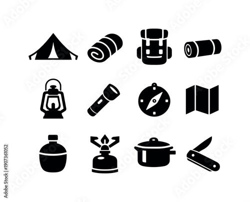Outdoor camping essentials: tent, sleeping bag, backpack, camping mat, lantern, flashlight, compass, map, canteen, camp stove, cooking pot, pocket knife