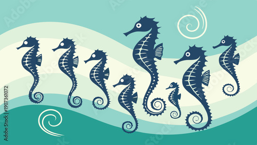 Diverse Family Seahorses Swimming Underwater Ocean Scene for Nautical Nursery Decor or Marine Life Illustration